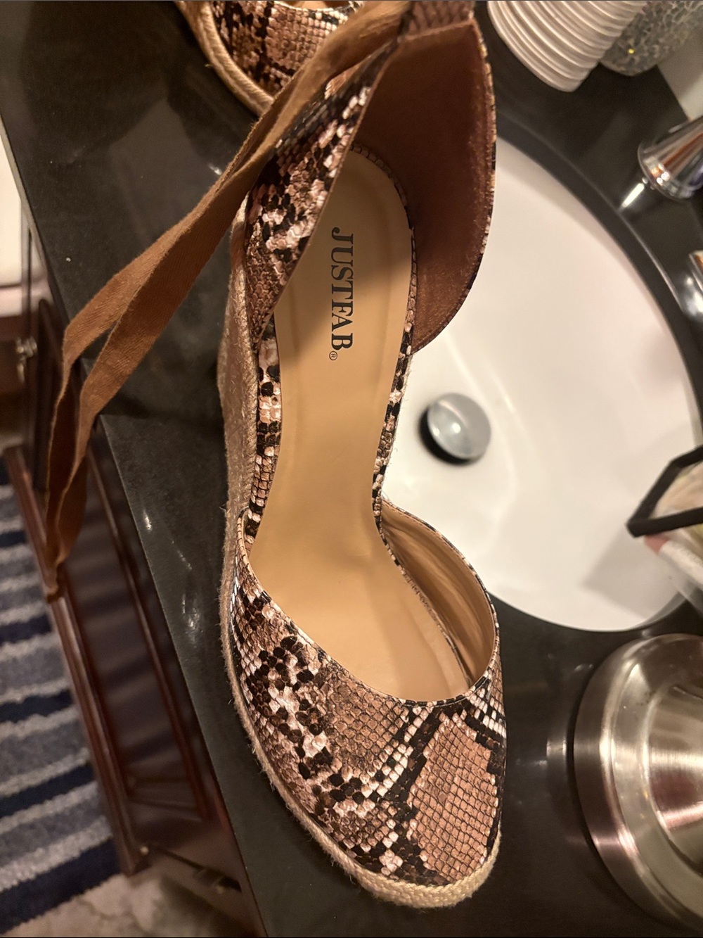 JustFab Brown Snake-Print Espadrille Wedges with Ankle Wrap
